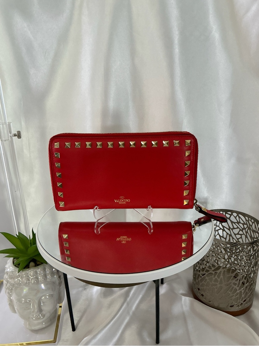 Valentino Red Rockstud Zip Wallet with Gold Studs w COA